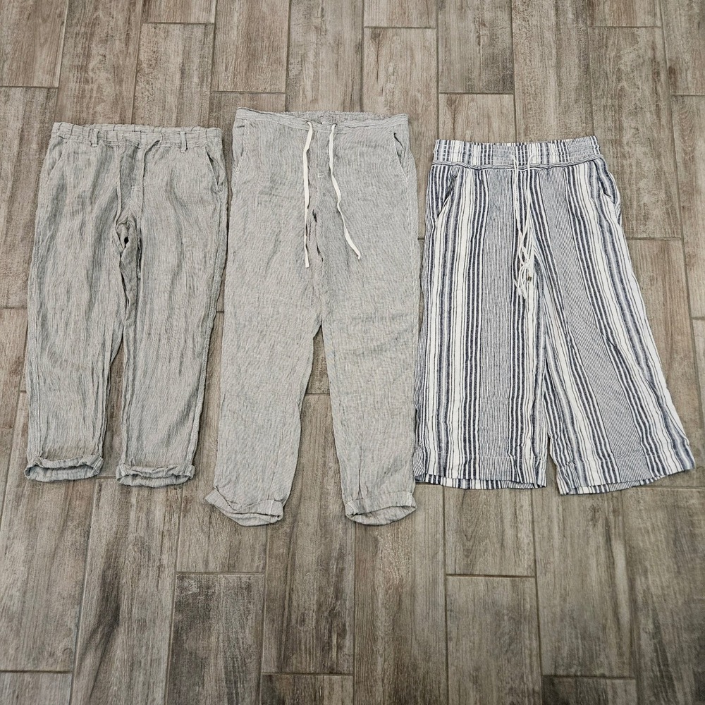 Striped Linen Pants Womens Size S Lot of 3 Pull On Drawstring Cropped Casual